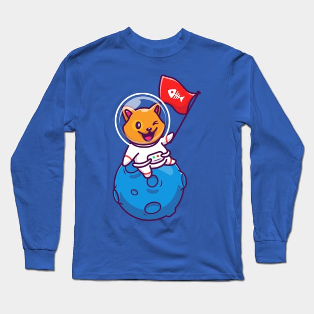 Cute Cat Astronaut Sitting On Moon With Bone Fish Flag Cartoon Long Sleeve T-Shirt by Catalyst Labs